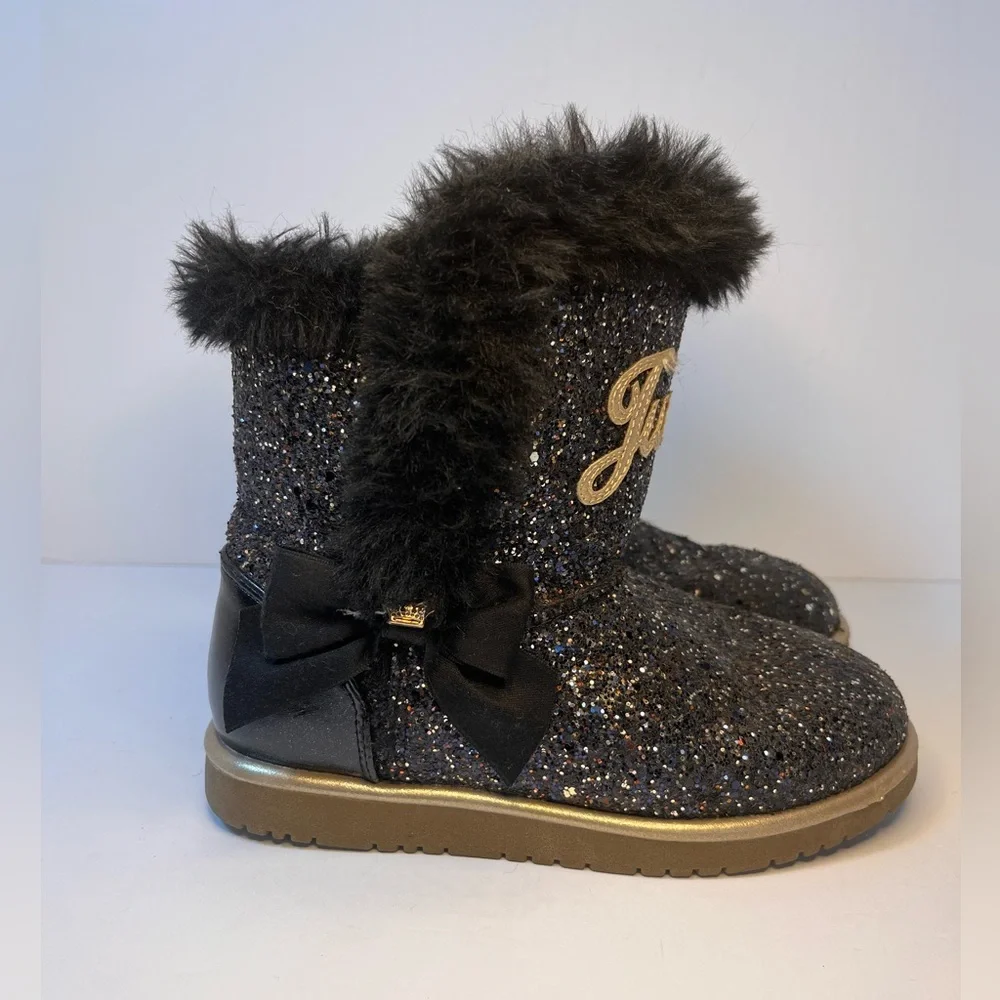 Juicy Couture Girls M1 Black Sparkle Faux Fur-Trim Glitter Windsor Toddler Boots